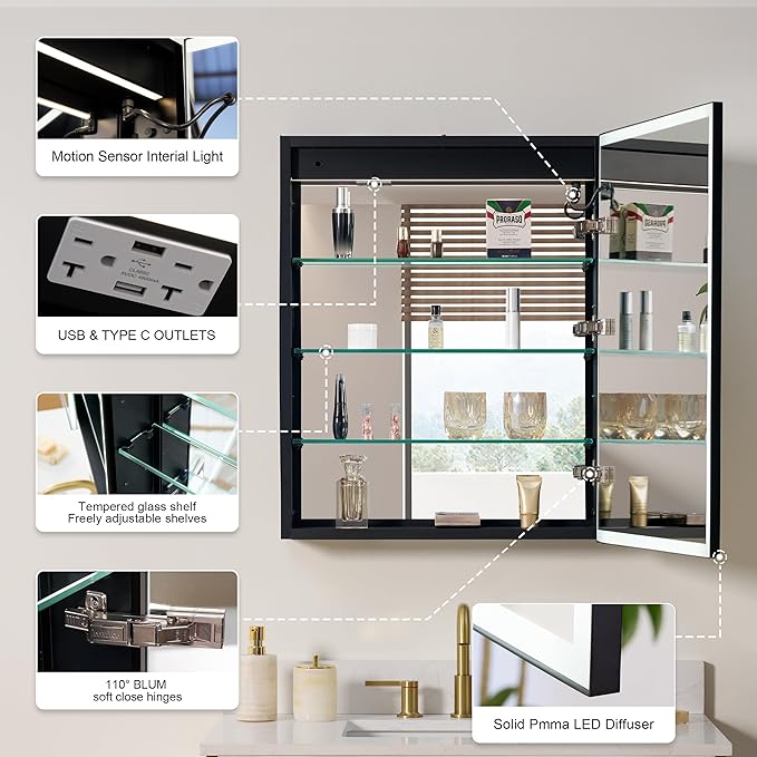 WELLFOR 24" X 30" LED Mirrored Medicine Cabinet, Medicine Cabinets with Lights for Bathroom, Defogging Mirror, Led Medicine Cabinet, Recessed or Surface Mounted, Single Right Opening Door