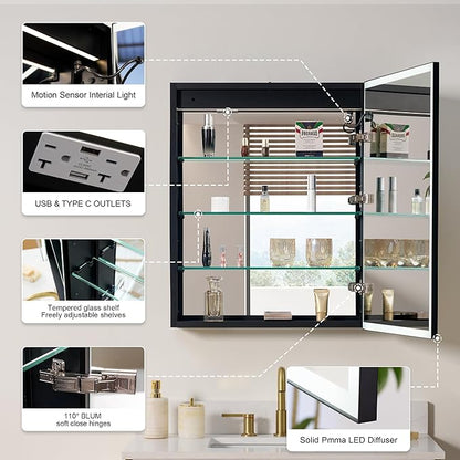 WELLFOR 24" X 30" LED Mirrored Medicine Cabinet, Medicine Cabinets with Lights for Bathroom, Defogging Mirror, Led Medicine Cabinet, Recessed or Surface Mounted, Single Right Opening Door