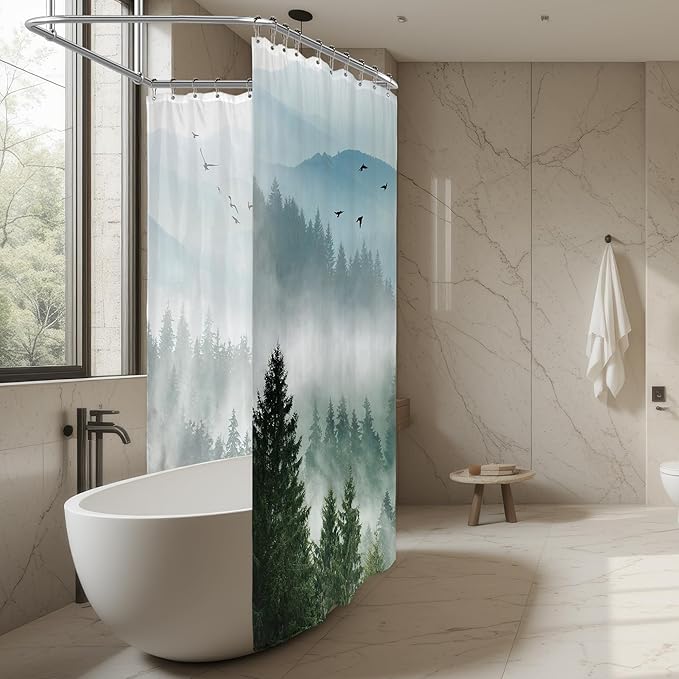 Riyidecor Extra Wide Green Mountain Shower Curtain 108Wx72H Inch Rustic Nature Scenery Foggy Pine Tree Landscape Woodland Natural Botanical Bathroom Decor Fabric Polyester Waterproof 18 Metal Hooks