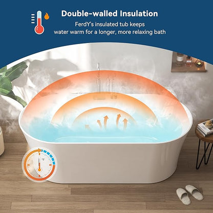 FerdY Santorini 67" Acrylic Freestanding Tub, Gracefully Shaped Contemporary Soaking Tub, Glossy White, cUPC Certified, Polished Gold Toe-tap Drain and Overflow