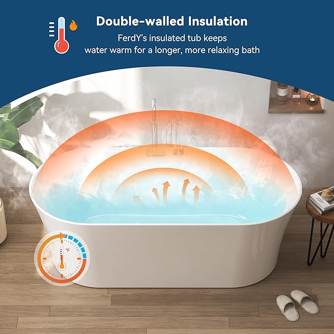 FerdY Santorini 67" Acrylic Freestanding Tub, Gracefully Shaped Contemporary Soaking Tub, Glossy White, cUPC Certified, Matte Black Toe-tap Drain and Overflow