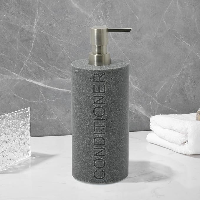 Resin Neutral Gray Sandstone Conditioner Engraved Bottle Refillable Pump Dispenser, Durable Waterproof Resin Construction for Bath, Shower - Gray Sandstone Satin Nickel Pump