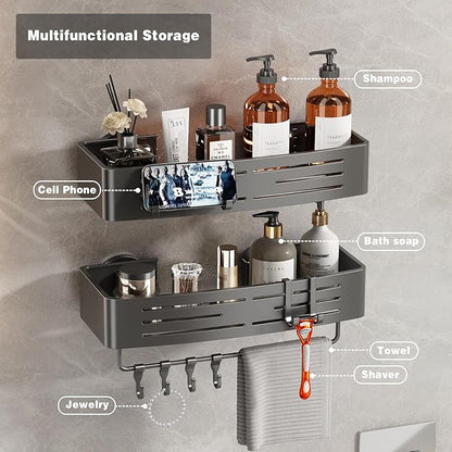 Voldra Shower Caddy Suction Cup, 1 Pack Shower Shelves for Inside Shower No Drilling, Aluminum Suction Showers Organizer with Towel Bar & Hooks Removable Bathroom Shelf Storage Rack(Gray)