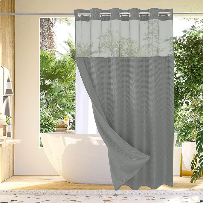 Gibelle Extra Long Shower Curtain 72x86, Waffle Weave Bathroom Shower Curtain with Snap-in Fabric Liner Set, No Hooks Needed, Hotel Style with Mesh Top Window, Grey