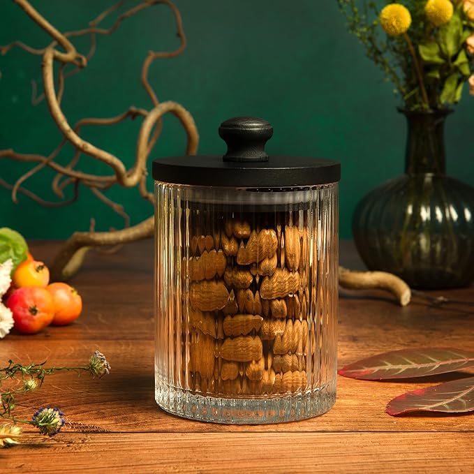 Mason & Fable Ribbed Glass Bathroom Jars | Set of 2 Farmhouse Style Storage Canister with Airtight Black Wooden Lids | Cotton Pad/Swab/Q tip Holder/Bath Salt/Clear Vanity