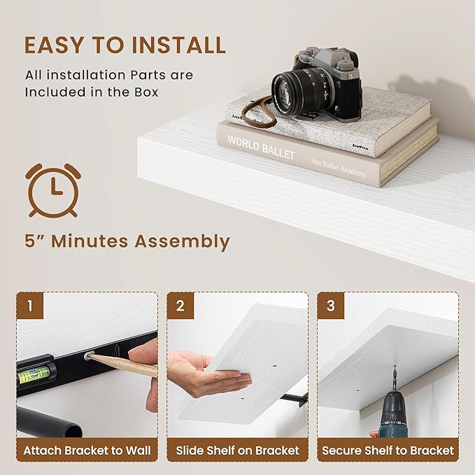fuqing Floating Shelves for Wall, Wall Mounted Wood Floating Shelf with Invisible Brackets for Living Room, Bathroom, Bedroom, Kitchen Storage and Decor, 24 Inch Set of 2, White