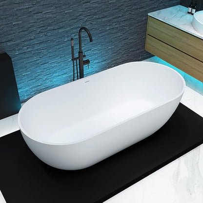 69'' Freestanding Tubs Bathtub Solid Surface Resin Stone Bathtubs soaker Tubs Oval Shaped Matte Luxury Modern Soaking Tub with Overflow and Pop-up Drain - White…