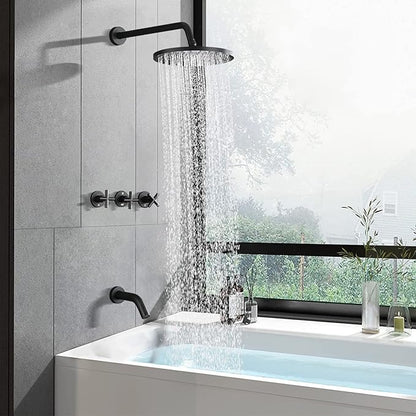PROOX 3 Handle Tub Shower Faucet Set, 10" Rainfall Shower Head with Tub and Shower Trim Kit with Rough-in Valve, Matte Black Bathtub Shower Faucets, Wall Mounted Bathroom Rain Shower System