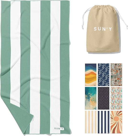 SUN'Y Waffle Microfiber Beach Towel – Sand Free, Quick Dry, Ultra Absorbent, Lightweight & Compact Travel Towel with Carry Bag - Large (63” x 31.5”), Sea Green