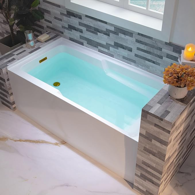 WOODBRIDGE 54" Acrylic Rectangular Alcove Soaking Bathtub in White with Left Drain, Brushed Gold pop-UP Drain Included BA5430L