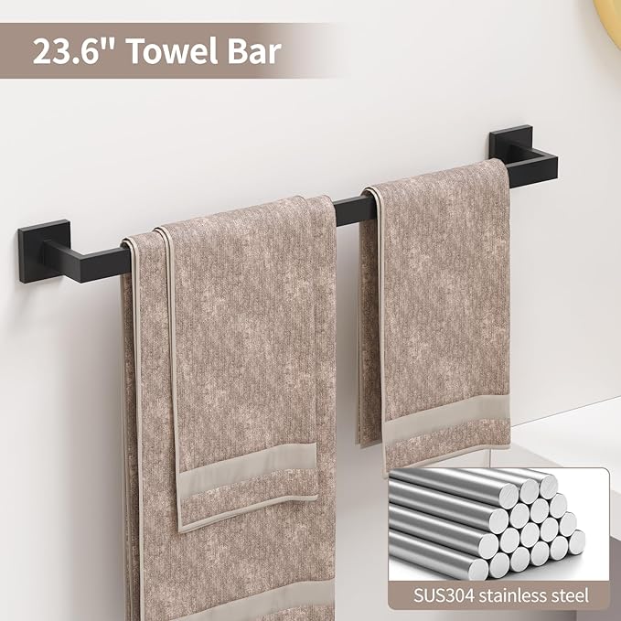 23.6 Inch SUS304 Stainless Steel Bathroom Hardware Set - 10-Piece Wall-Mounted Towel Bar, Holder & Racks - Matte Black