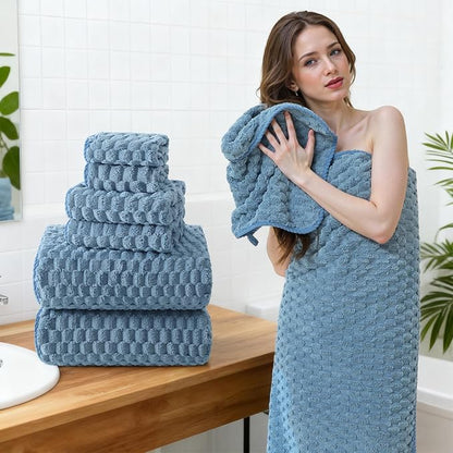 REDKISS Blue Microfiber Bath Towels Set of 6-35x70 Inches Oversized Bath Sheets, Extra Large Bath Towels Set of 6 for Adults, Super Soft Waffle Microfiber Shower Towels for Bathroom Hotel Towel