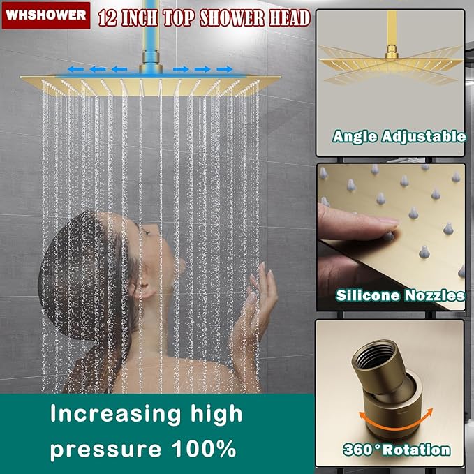 Brushed Gold Triple Shower Heads Shower System with 12"+8"+8" Top Shower Heads, Digital Display Shower Valve, Body Jets and Handheld Shower,Full Body Shower System