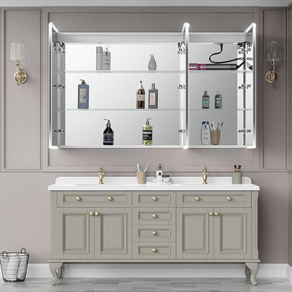 Recessed Medicine Cabinets for Bathroom with Mirror, Only Recessed Medicine Cabinet with Defogger, Dimmer, Outlets & USB, Three Doors