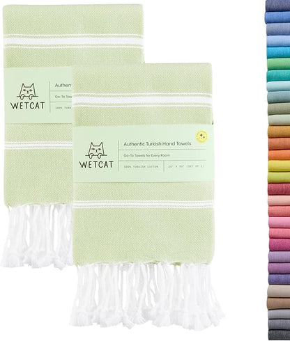 WETCAT Turkish Hand Towels with Hanging Loop, Set of 2 (20" x 30") 100% Turkish Cotton, Pre-Washed, Quick Drying, for Kitchen or Bathroom - Seafoam Green