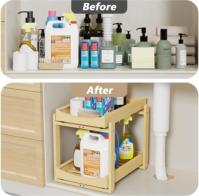 Bamboo Under Sink Organizer Adjustable Height 2 Tier Bathroom Organizer Pull Out Cabinet Storage Kitchen Heave Duty Wood Slide Ou Shelf for Kitchen Bathroom (Nature, 1 Pack)