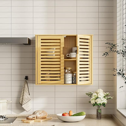 HITNET Bathroom Wall Cabinet, Medicine Cabinet Over The Toilet, Bamboo Hanging Storage Organizer with 2 Doors and Adjustable Shelf for Kitchen, Living Room, Natural