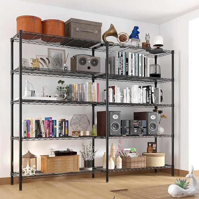 5 Tier Storage Racks Shelving, Heavy Steel Pantry Shelves, Adjustable Wire Shelving Rack, Suitable for Garage, Kitchens, Offices, 69.7" W x 16" D x 71" H, Black