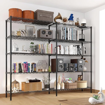 5 Tier Storage Racks Shelving, Heavy Steel Pantry Shelves, Adjustable Wire Shelving Rack, Suitable for Garage, Kitchens, Offices, 69.7" W x 16" D x 71" H, Black