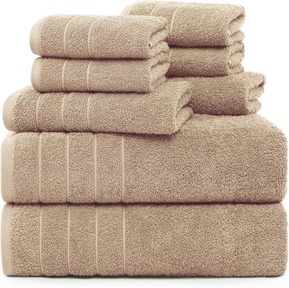Casa Platino 100% Cotton 8 Piece Bath Towel Set - Ring Spun, Quick Dry, Super Soft & Highly Absorbent - 2 Bath, 4 Washcloths, 2 Bathroom Hand Towels - Hotel Quality Bathroom Towel Set - Beige