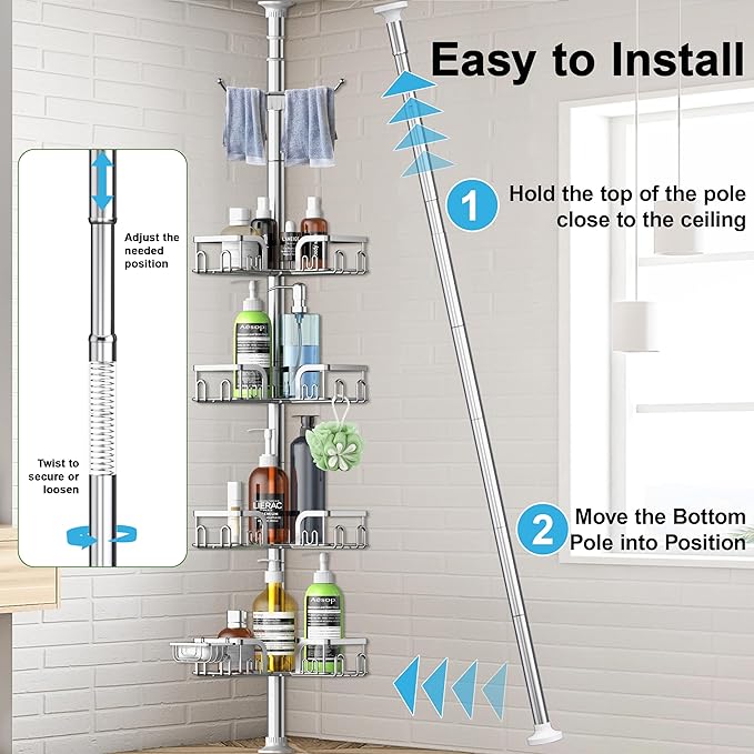 Corner Shower Caddy Tension Pole,39-113 inch Adjustable Rustproof Floor Standing Shower Organizer Shelf with 4 Basket for Bathtub,Inside Shower Shampoo Storage Silver