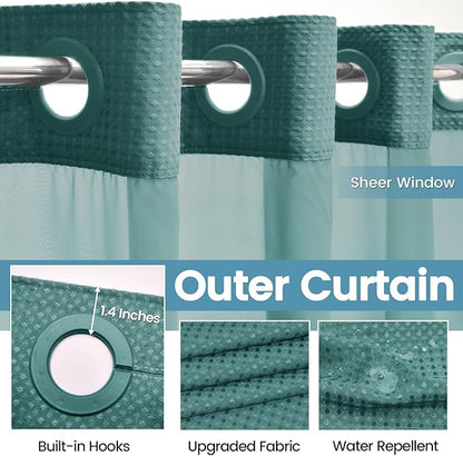 Seaweed Green Long No Hook Shower Curtain with Snap in Liner,230GSM Waffle Weave Shower Curtains for Bathroom,71W x 86H