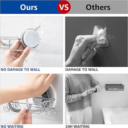 Soap Dish Soap Bar Holder Suction Cup with 4 Hooks, Stainless Steel Soap Saver Tray for Shower Wall, Bathroom, Kitchen, Rustproof No Drilling Bar Soap Holder, Silver