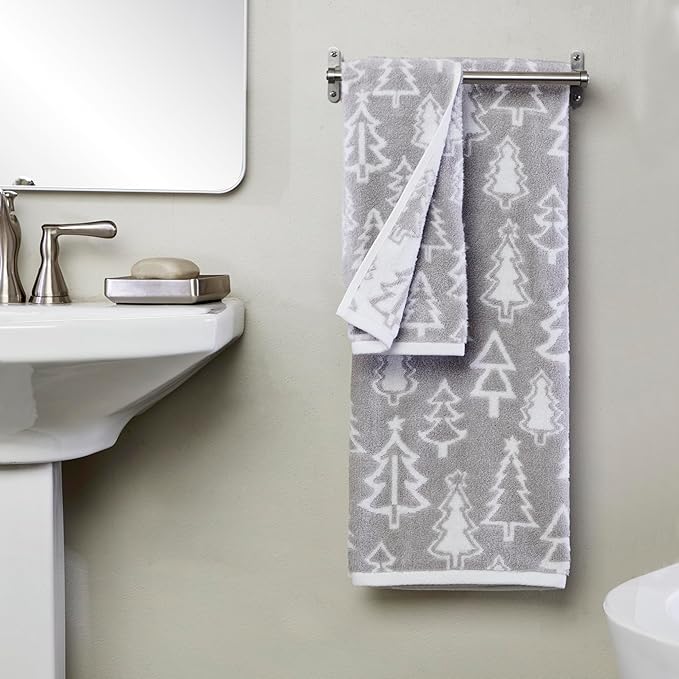 SKL Home Christmas/Winter Mod Tree 100% Cotton Premium 2-Piece Hand Towel Set, 450 GSM, Reversible Jacquard, Soft & Absorbent, Decorative for Bath/Kitchen/Bar, Gray