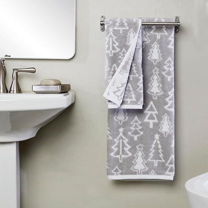 SKL Home Christmas/Winter Mod Tree 100% Cotton Premium 2-Piece Hand Towel Set, 450 GSM, Reversible Jacquard, Soft & Absorbent, Decorative for Bath/Kitchen/Bar, Gray