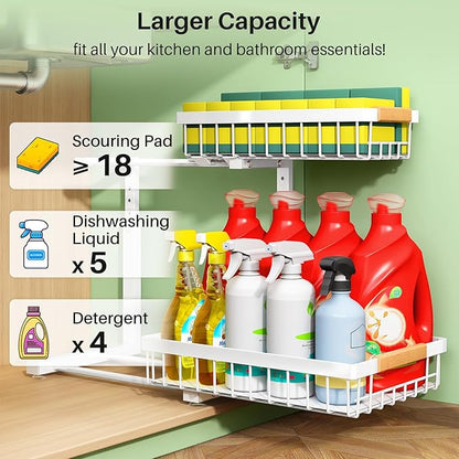 Under Sink Organizer, 2 Packs 2 Tier Under Sink Organizers and Storage, Slide out Pull out Cabinet Organizer Shelf, Metal Sliding Drawer for Kitchen Bathroom Pantry Closet Rack(White)