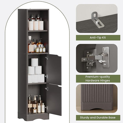 67" Tall Bathroom Organizer and Storage, Narrow Storage Cabinet with 2 Doors and 4 Shelves, Freestanding Floor Storage Unit,15.7" W x 11.8" D x 66.9" H, Grey