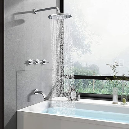 PROOX 3 Handle Tub Shower Faucet Set, 10" Rainfall Shower Head with Tub and Shower Trim Kit with Rough-in Valve, Polished Chrome Bathtub Shower Faucets, Wall Mounted Bathroom Rain Shower System