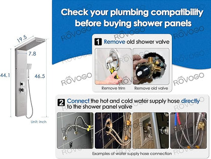 ROVOGO LED Shower Panel Tower System, 5-Function Shower Column with Rainfall Waterfall Shower Head, 4 Body Jets, Handheld and Tub Spout, Stainless Steel Brushed