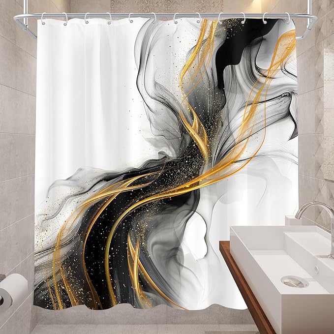 Cinbloo Black and Gold Marble 72Wx72H Shower Curtain Abstract Ink Texture Modern Ombre Grey Golden Minimalist Elegant Luxury Aesthetic Bathroom Curtain Set Neutral Bath Bathroom Accessories Decor