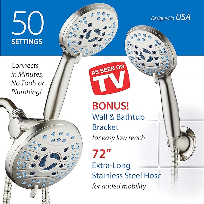Hotel Spa AquaCare for California As-Seen-On-TV High Pressure Handheld Rain 50-mode 3-way Shower Head Combo, Anti-clog Jets, 2-mode Tub & Pet Power Wash, Wall Bracket, 6 ft. Stainless Steel Hose