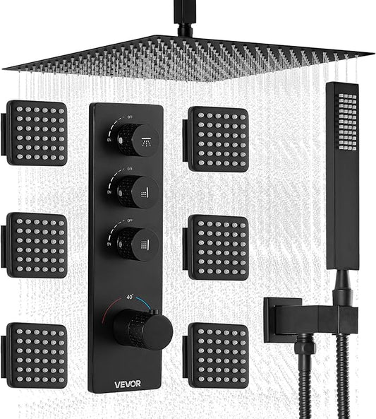 VEVOR Shower Faucet Set, 16 Inch Thermostatic Ceiling Mount Rainfall Shower System with 6 Body Jets and Handheld Spray, Rotatable 3-Function Rain Head Complete Brass Valve and Trim Kit, Matte Black