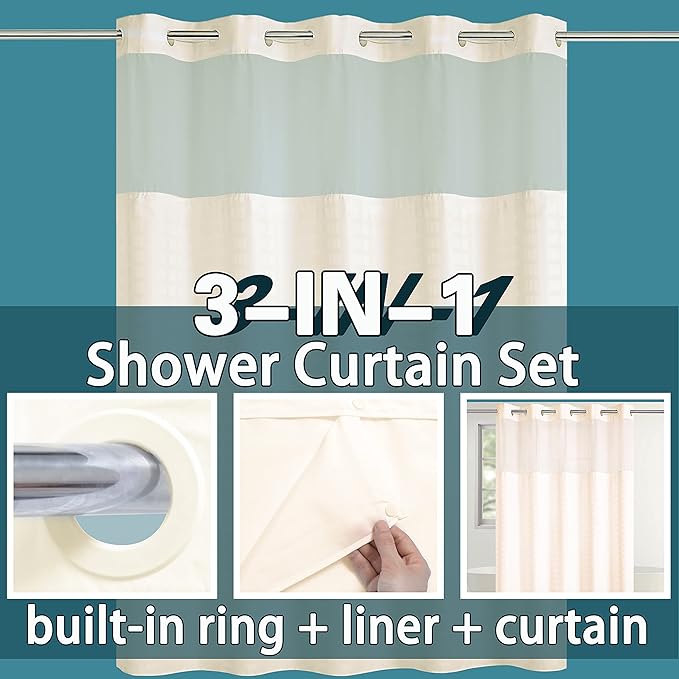 Conbo Mio Extra Long No Hook Shower Curtain with Snap in Liner Set, Hotel Luxury Beige Shower Curtains for Bathroom with See Through Top Window, Waterproof, Washable 71W x 84H