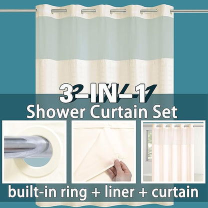 Conbo Mio Extra Long No Hook Shower Curtain with Snap in Liner Set, Hotel Luxury Beige Shower Curtains for Bathroom with See Through Top Window, Waterproof, Washable 71W x 84H
