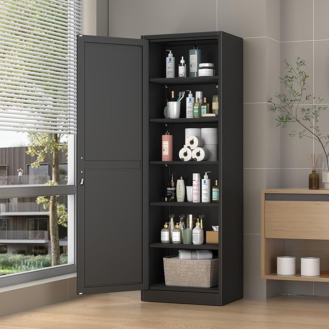 Metal Locker Tall Narrow Storage Cabinet, 67" H Locking Tool File Cabinets Snack Locker Organizer for School Classroom,Bedroom,Gym Home Office,Entryway and Hallway (20" W 1Door Black)