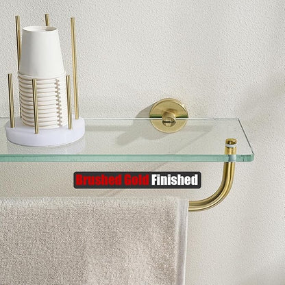 JQK Bathroom Glass Shelf, Shelf with 29 Inch Towel Bar Tempered Glass Shower Storage 30 by 5 inches, 304 Stainless Steel Brushed Gold Wall Mount, TGS100L30-BG
