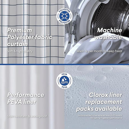 CLOROX Bathroom Waffle Windowpane Pattern Shower Curtain with Waterproof Lightweight PEVA Liner Set, Standard Size, Metal Grommets, No Hooks 72" x 72" - 2 Pc Set - Navy Blue w Frosty PEVA