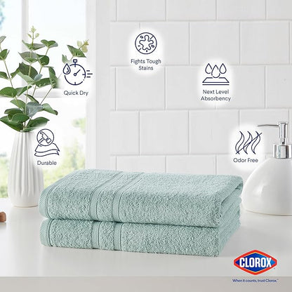 CLOROX Bleach Friendly Towels, Quick Dry, 100% Cotton Bath Towels (30" x 52"), Highly Absorbent Soft Lightweight, Ideal for Everyday Use, Easy to Wash (2 Pack, Mineral Blue)