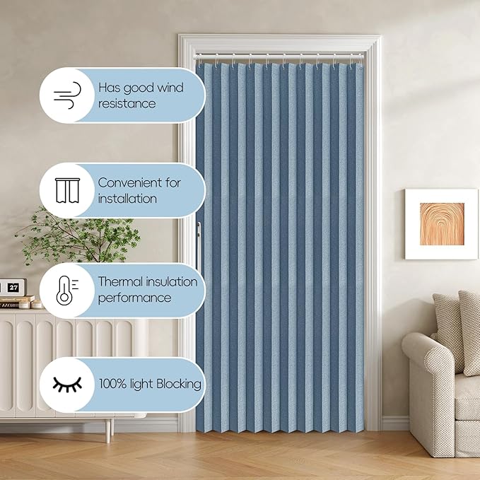 Accordian Door Curtain, 100% Blackout Folding Magnetic Doorway Curtains,Linen Style Closet Doors,for Room Divider,Privacy Protection（W52 x L78,Blue,1 Panel）