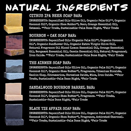 BLUEBYRD Soap - Men's Variety Pack Bourbon Soap Bars | Natural Skin Care, Handmade, Cold Process, Organic | Masculine Fragrance- Bourbon Oak, Citrus IPA Beer, Sandalwood Whiskey, Charcoal (Bourbon)