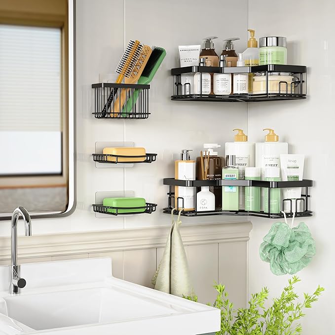 MAXIFFE 5 Pack X-Large Corner Shower Caddy, with Soap Holder and Toothbrush Holder, Large Capacity No Drilling Stainless Steel Hold 40 LB Shower Organizer Shelf Rack for Family Renter Bathroom, Black