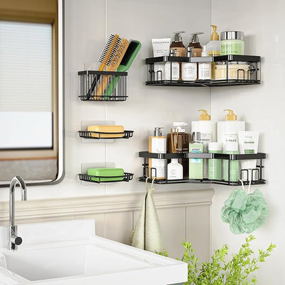 MAXIFFE 5 Pack X-Large Corner Shower Caddy, with Soap Holder and Toothbrush Holder, Large Capacity No Drilling Stainless Steel Hold 40 LB Shower Organizer Shelf Rack for Family Renter Bathroom, Black