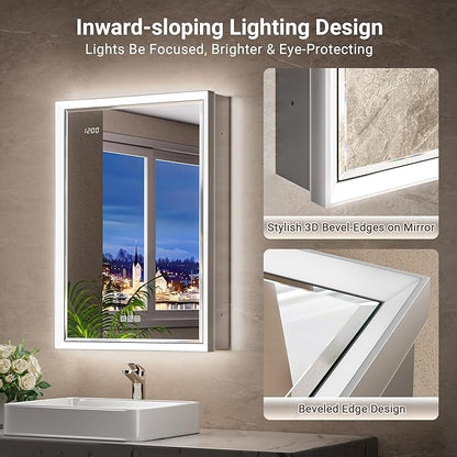 48x30 Beveled Lighted Medicine Cabinet with Mirror & Lights, Surface or Recessed Mirrored Medicine Cabinet with Outlet & Clock, Anti-Fog Dimmable LED Storage Cabinet, Built-in Sensor Light