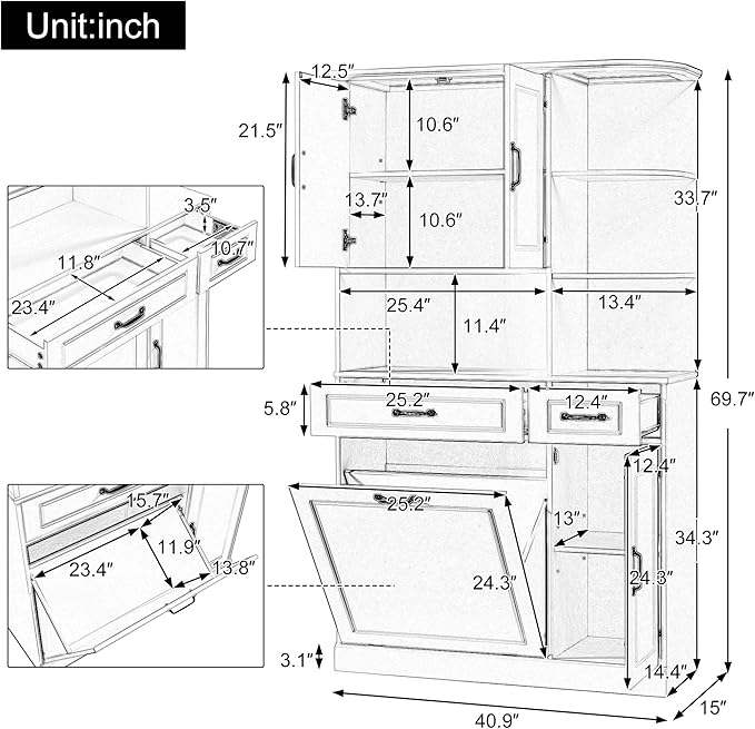 70" Tall Freestanding Storage Cabinet with Drawers, Doors, Adjustable Shelves & Flip Drawer, Modern Wood Organizer for Bathroom, Laundry Room, Office, White