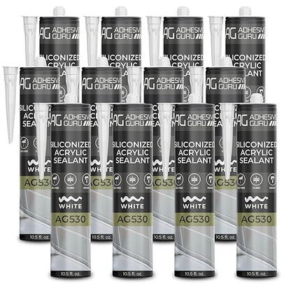 Adhesive Guru AG530 Siliconized Acrylic Sealant (12x10.5 fl oz), Waterproof Paintable Caulk for Bathtubs, Windows, Showers, Indoor Outdoor Caulking Weatherproof, White - 12 Pack