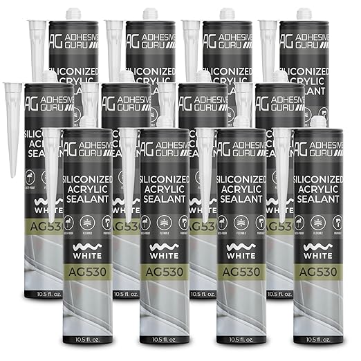Adhesive Guru AG530 Siliconized Acrylic Sealant (12x10.5 fl oz), Waterproof Paintable Caulk for Bathtubs, Windows, Showers, Indoor Outdoor Caulking Weatherproof, White - 12 Pack